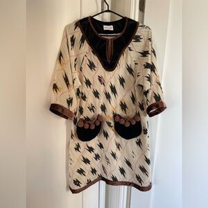 Patterned Cream Based Silk Fully Lined Tunic with Black Brown Velvet Accents